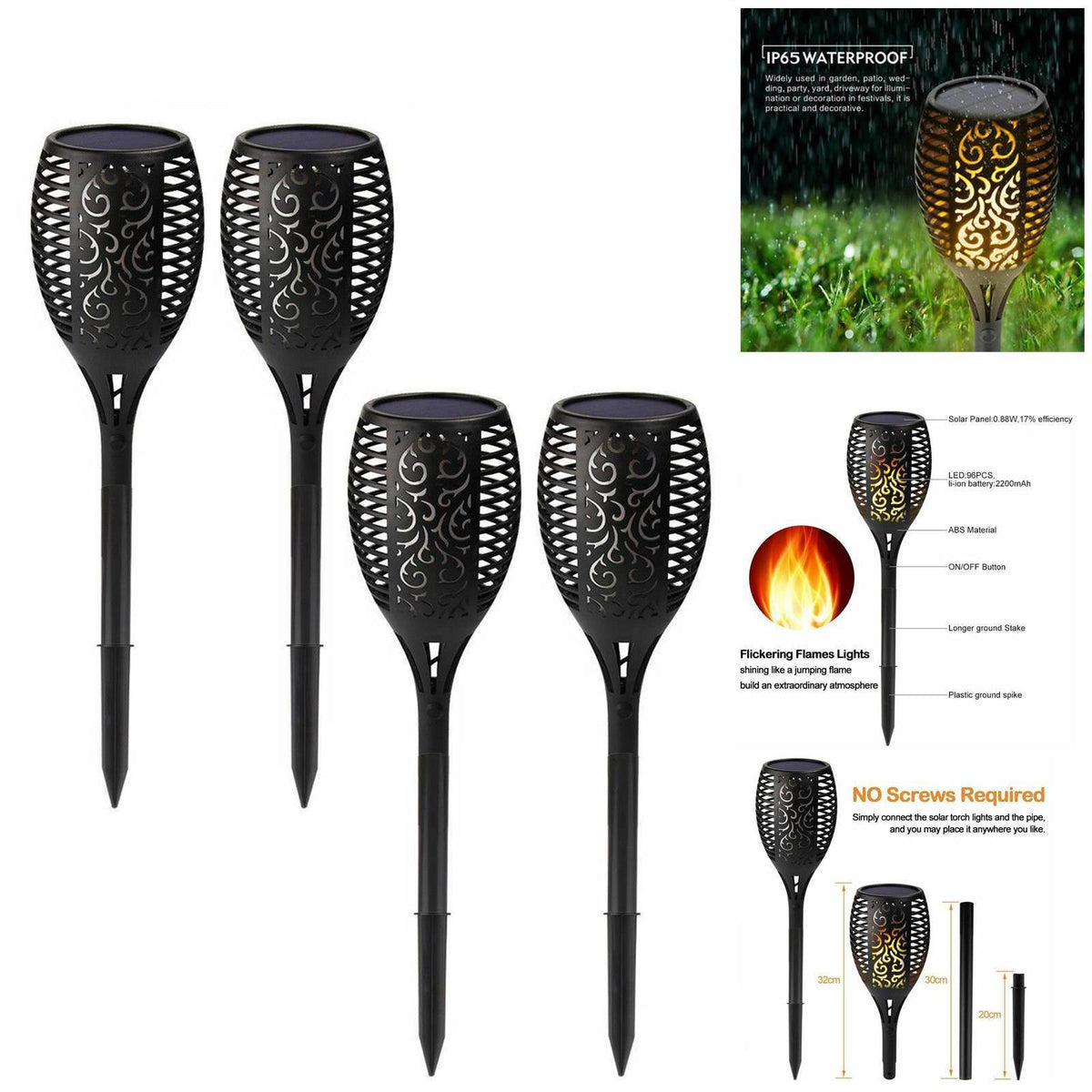 4 Pack Solar Dancing Flame LED Torch